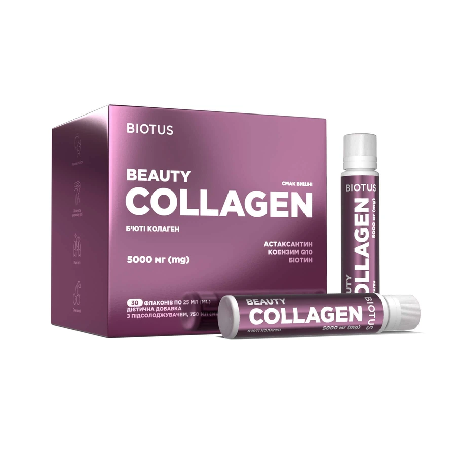 Б'юті колаген, Beauty Collagen, Biotus, 5000 мг, смак вишні, 30 флаконів (кожен по 25 мл): ціни та характеристики