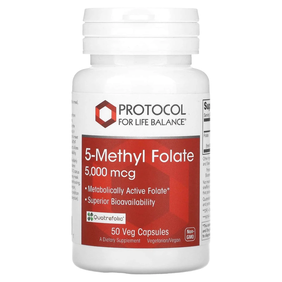 5-метил-фолат, 5-Methyl Folate, Protocol for Life Balance, 5000 мкг, 50 рослинних капсул: ціни та характеристики