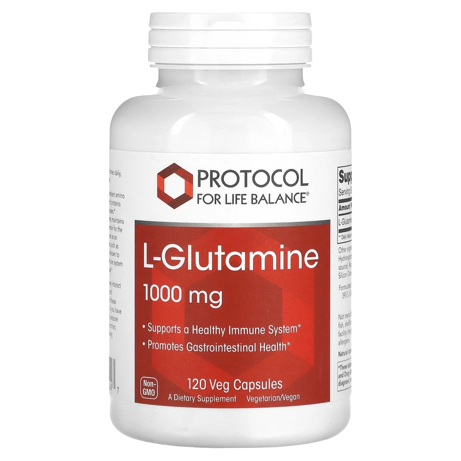 L-глютамін, L-Glutamine, Protocol for Life Balance, 1000 мг, 120 рослинних капсул: ціни та характеристики