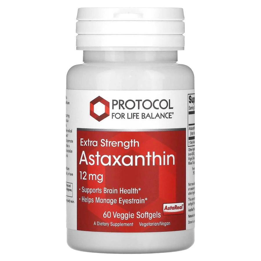 Астаксантин, Astaxanthin, Protocol for Life Balance, повышенная сила, 12 мг, 60 растительных гелевых капсул: цены и характеристики