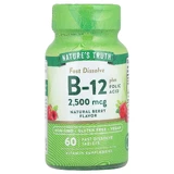 Витамин B-12 плюс фолиевая кислота, Vitamin B-12, Nature's Truth, вкус ягод, 2500 мкг, 60 быстрорастворимых таблеток