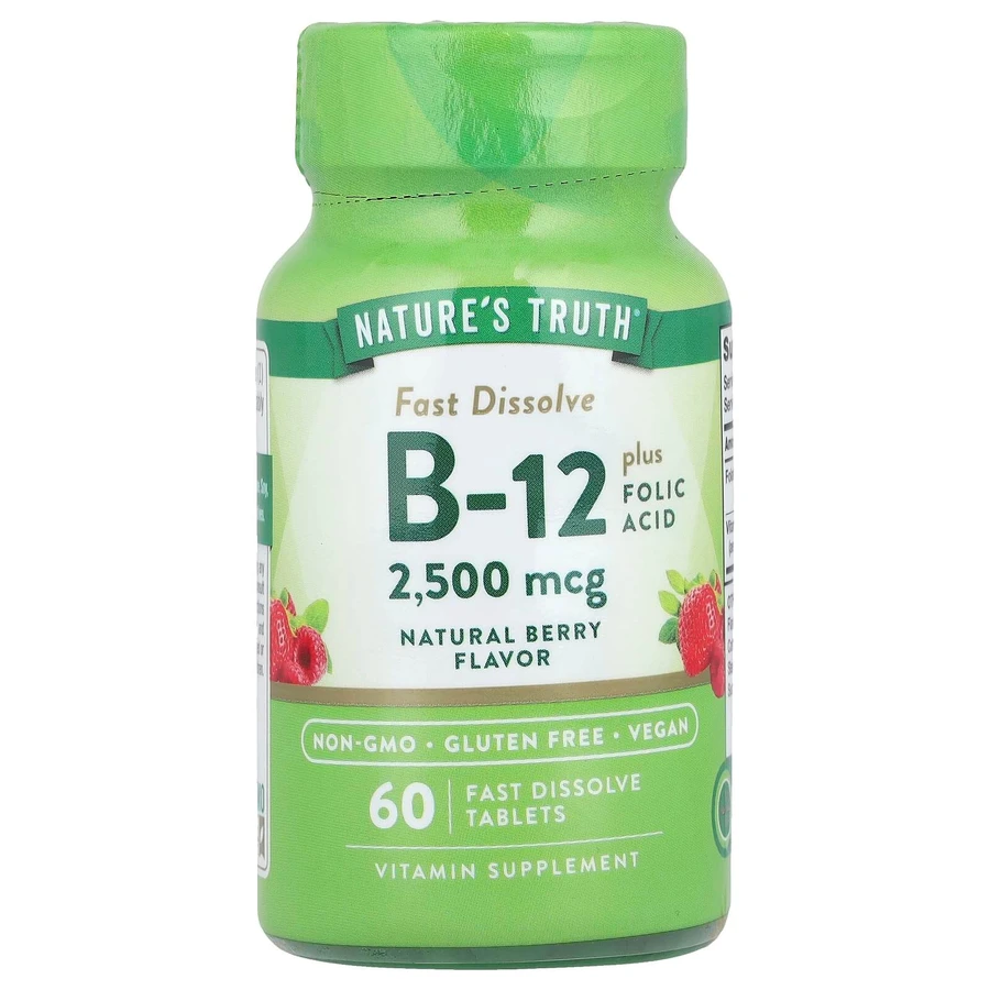 Вітамін B-12 плюс фолієва кислота, Vitamin B-12, Nature's Truth, смак ягід, 2500 мкг, 60 швидкорозчинних таблеток: ціни та характеристики