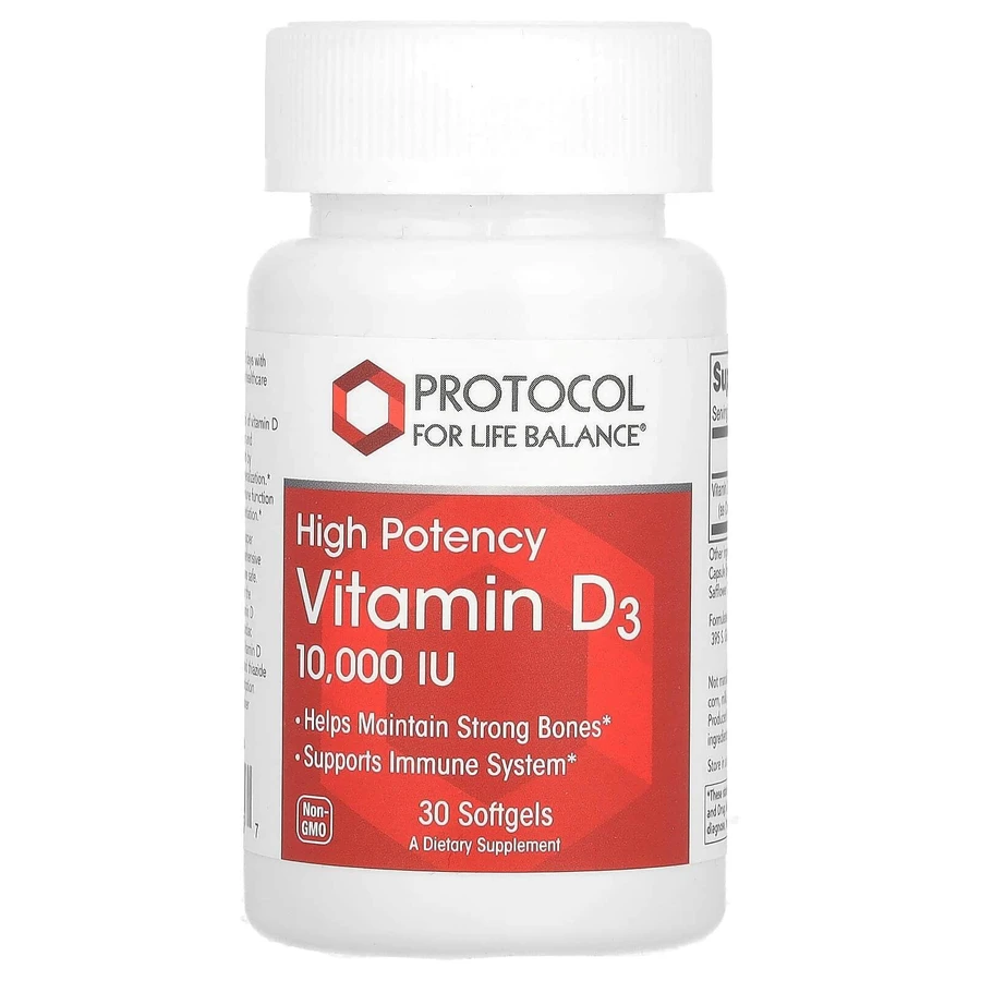 Вітамін D3, Vitamin D3, Protocol for Life Balance, висока ефективність, 10 000 МО, 30 гелевих капсул: ціни та характеристики