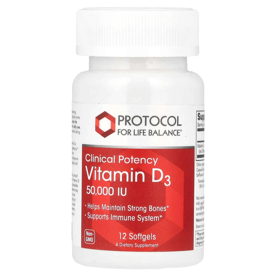 Вітамін D3, Vitamin D3, Protocol for Life Balance, клінічна сила, 50 000 МО, 12 гелевих капсул: ціни та характеристики