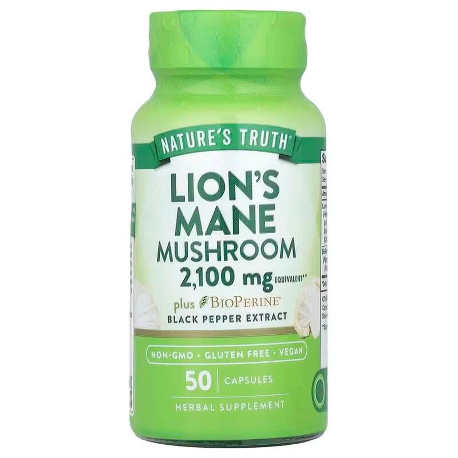 Левова грива, супер-гриб з біоперином, Super Lion's Mane Mushroom plus Bioperine, Nature's Truth, 2100 мг, 50 вегетаріанських капсул: ціни та характеристики