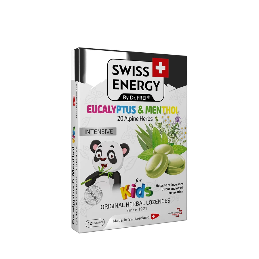 Льодяники від застуди, для дітей, Herbal Lozenges Blister 20 herbs + Eucalyptus and Menthol for kids, Swiss Energy, від кашлю, болю в горлі та закладеності носа, 20 альпійських трав, ментол та евкаліпт, 12 трав'яних льодяників: ціни та характеристики
