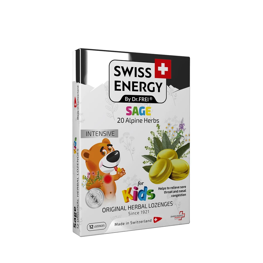 Льодяники від застуди, для дітей, Herbal Lozenges Blister 20 herbs + Sage for kids, Swiss Energy, від кашлю, болю в горлі та закладеності носа, 20 альпійських трав та шавлія, 12 трав'яних льодяників: ціни та характеристики