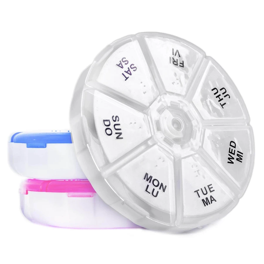 Органайзер для таблеток 7-денний, Round Portable 7 Compartment Weekly Pill Box, MEMOSAN, круглий, білий: ціни та характеристики