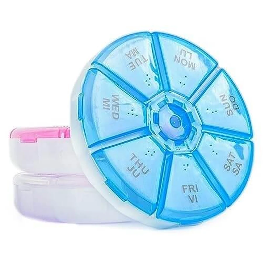 Органайзер для таблеток 7-денний, Round Portable 7 Compartment Weekly Pill Box, MEMOSAN, круглий, синій: ціни та характеристики