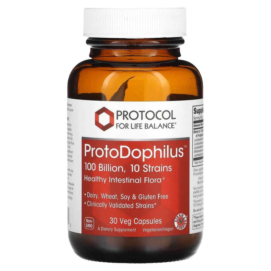 Пробиотики дофилус, ProtoDophilus, Protocol for Life Balance, 100 млрд КОЕ, 10 штаммов, 30 веганских капсул: цены и характеристики