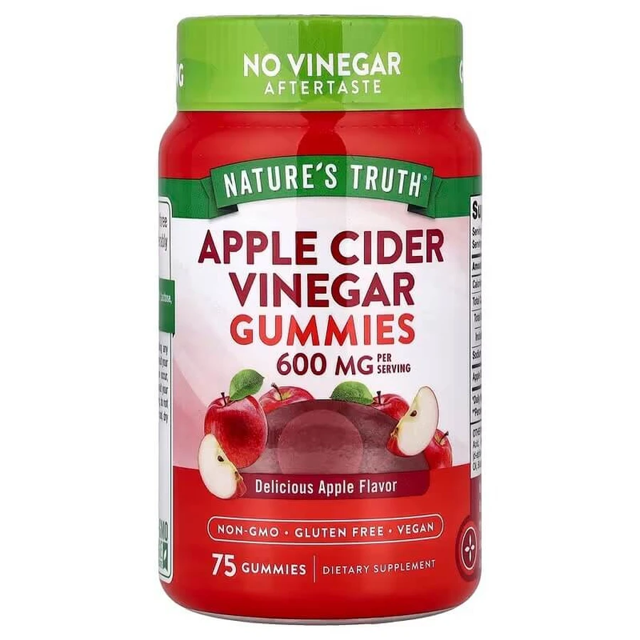 Яблучний оцет, Apple Cider Vinegar, Nature's Truth, смак яблука, 600 мг, 75 веганських жувальних цукерок (200 мг в одній жувальній цукерці): ціни та характеристики