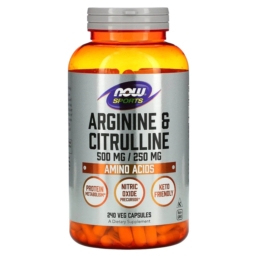 Аргінін та цитрулін, Arginine & Citrulline, Now Foods, Sports, 500 мг/250 мг, 240 вегетаріанських капсул: ціни та характеристики