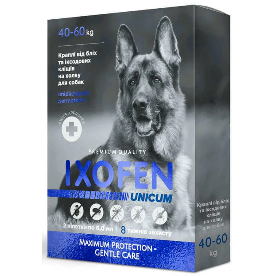 Unicum IXOFEN Противопаразитарные капли против иксодовых клещей, блох и комаров для собак (1 пипетка), 40-60 кг: цены и характеристики