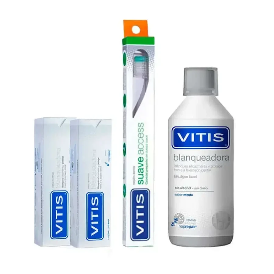 Набор для отбеливания VITIS (ополаскиватель для полости рта 500 мл + зубная паста 2х100 мл + мягкая зубная щетка): цены и характеристики