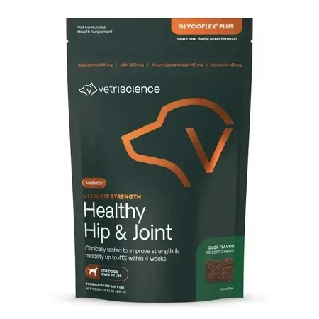 VETRISCIENCE Ultimate Strength Healthy Hip & Joint (Glycoflex Plus), M-XL, добавка для суглобів для собак, качка, мішечок, 60 жувальних таблеток: ціни та характеристики