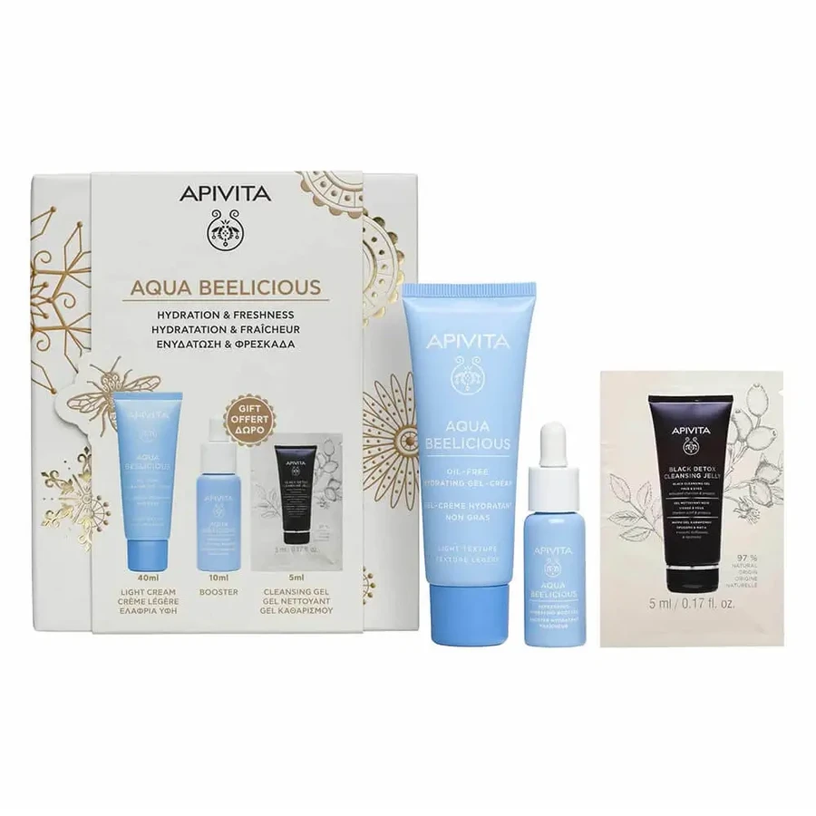 Промо-пакет Apivita Aqua Beelicious Gel-Light Texture Зволожуючий крем 40 мл з гелевою текстурою з бустером 10 мл та очищувальним гелем 5 мл БЕЗКОШТОВНО: ціни та характеристики
