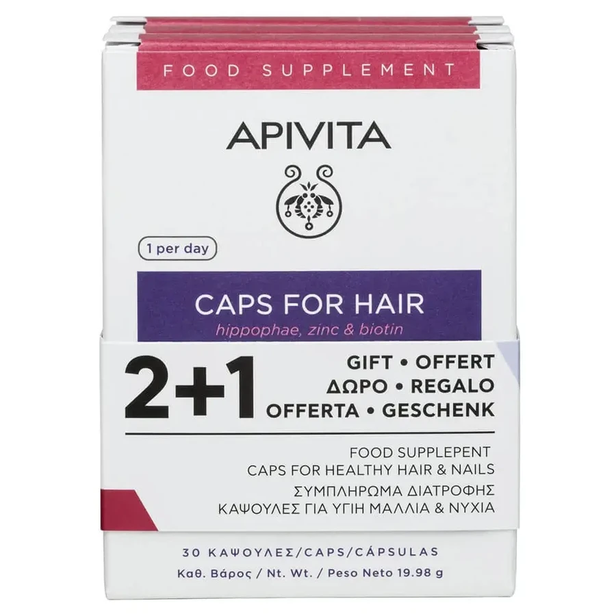 Apivita Hair Caps Здорова добавка для волосся та нігтів 30 капсул Промо-пакет 2+1 безкоштовно (90 капсул): ціни та характеристики