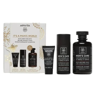 Apivita Promo Pack Мужской крем для лица 50 мл, Черный детокс очищающий гель 50 мл и БЕСПЛАТНО Мужской уход для мытья волос и тела 250 мл