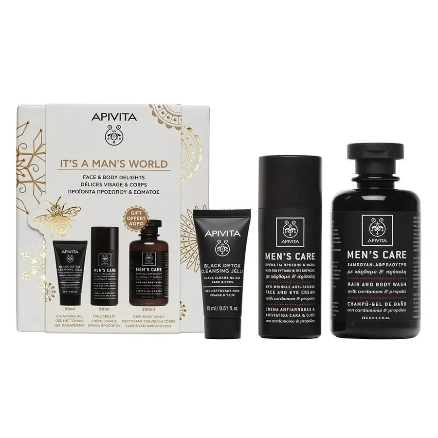 Apivita Promo Pack Мужской крем для лица 50 мл, Черный детокс очищающий гель 50 мл и БЕСПЛАТНО Мужской уход для мытья волос и тела 250 мл: цены и характеристики