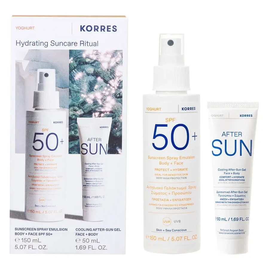 Korres Promo Pack Солнцезащитная эмульсия для тела и лица Йогуртовый спрей SPF50 150 мл и Освежающий гель для лица и тела после солнца 50 мл: цены и характеристики