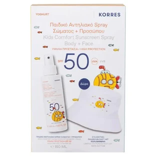 Korres Promo Pack Детский солнцезащитный спрей для тела и лица с йогуртом SPF50 150 мл и БЕСПЛАТНАЯ ведерная шапочка для детей
