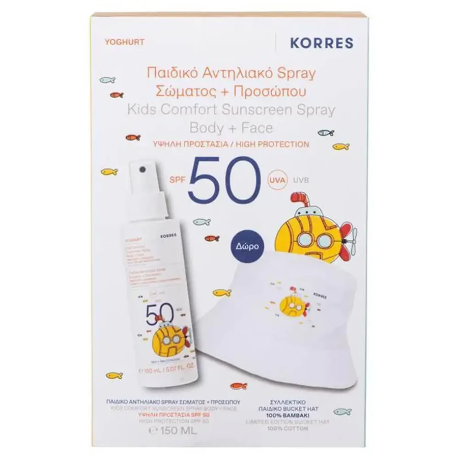 Дитячий сонцезахисний спрей для тіла та обличчя Korres з йогуртом SPF50 150 мл та дитяча шапочка-відерце в подарунок: ціни та характеристики