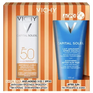Промо-пакет Vichy Capital Soleil Антивіковий догляд 3 в 1 з антиоксидантним ефектом SPF50 50 мл та безкоштовне заспокійливе молочко Capital Soleil після засмаги 100 мл