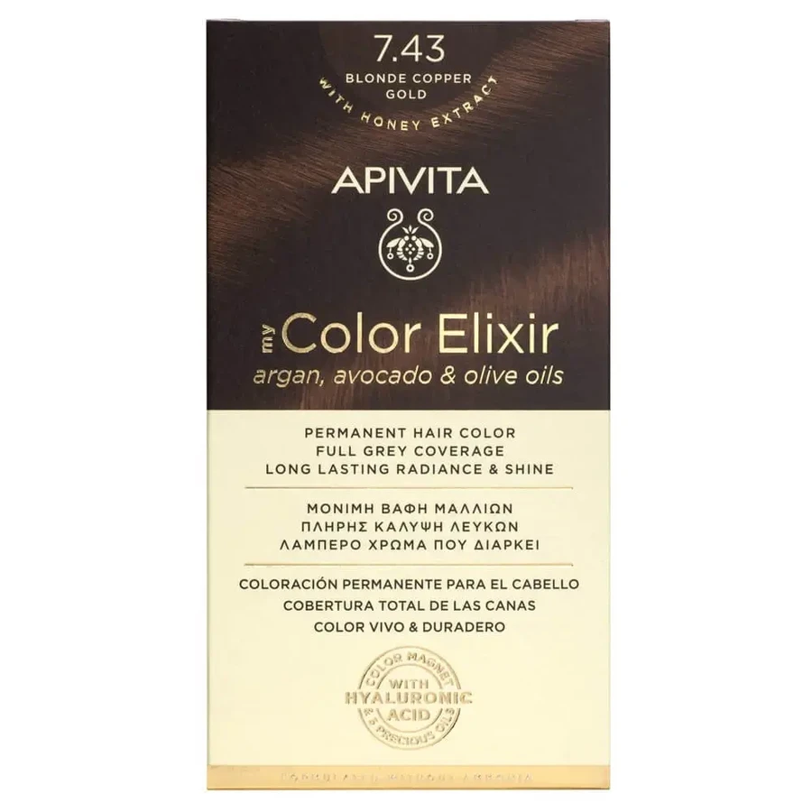 Еліксир для перманентної фарби для волосся Apivita My Colour Еліксир N7.43 Бронзово-медовий блондин: ціни та характеристики