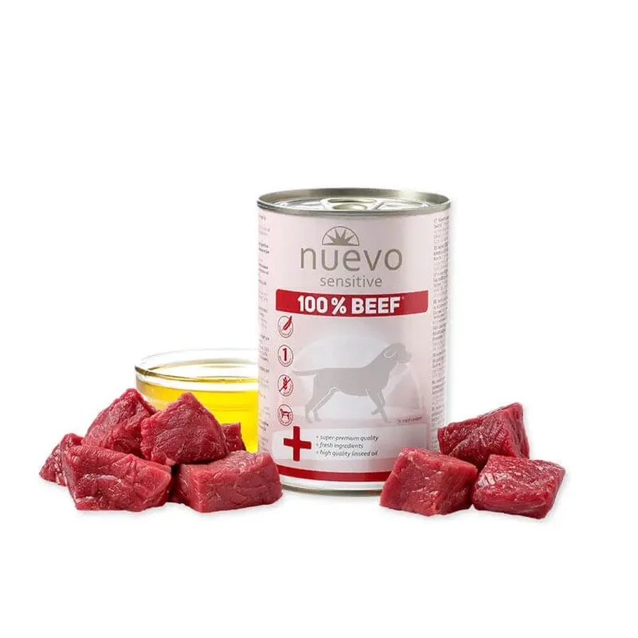 NUEVO Sensitive 100% говядина, XS-XL, Говядина, консервы, однобелковый, беззерновой влажный корм для собак, страдающих аллергией, (в аспираторе), 400г: цены и характеристики