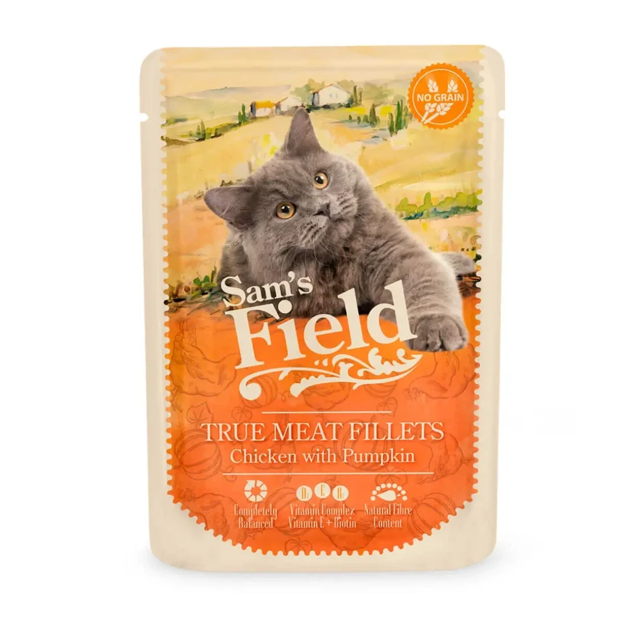 SAM'S FIELD Справжнє м'ясне філе, курка та гарбуз, вологий беззерновий корм для котів у пакетиках, (в соусі), 85г: ціни та характеристики