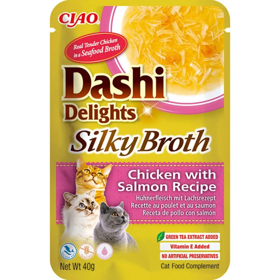 INABA Churu Dashi Delights Silky Broth, курячий та лососевий бульйон, пакетик вологого беззернового корму для котів, (топпінг), 40г: ціни та характеристики