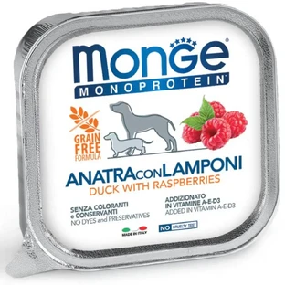 MONGE Monoprotein, XS-XL, Утка и малина, однобелковый беззерновой влажный корм для собак, (пате), 150г, 150г