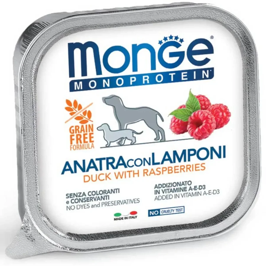 MONGE Monoprotein, XS-XL, качка з малиною, беззерновий вологий корм для собак з одним білком, (паштет), 150г, 150г: ціни та характеристики