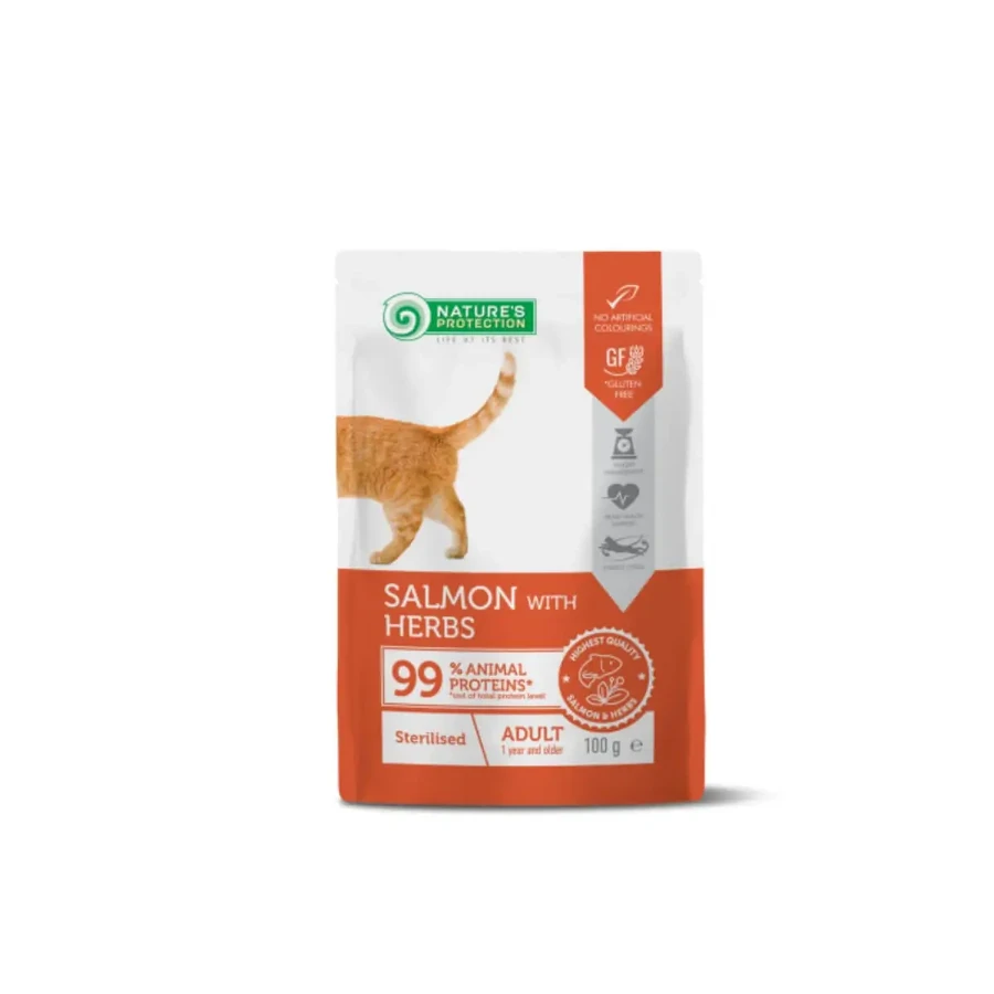 NATURES PROTECTION Sterilised, Salmon, саше влажный корм для стерилизованных кошек, (в соусе), 100 г: цены и характеристики