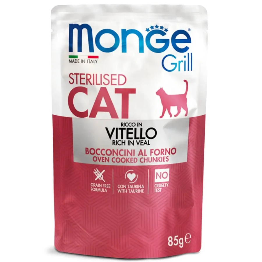 MONGE Grill Sterilised, Calf, пакетик влажного беззернового корма для стерилизованных кошек, страдающих ожирением, привередливых, (в аспираторе), 85г: цены и характеристики