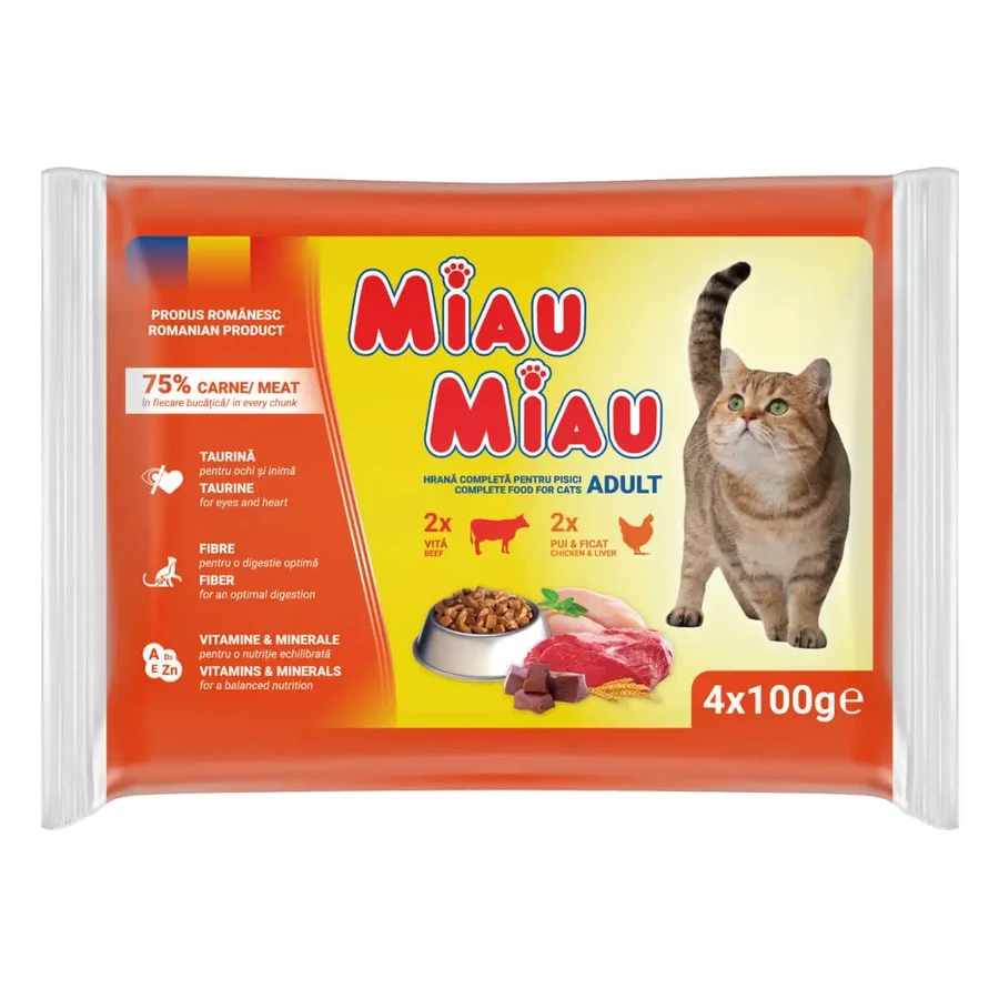 MIAU MIAU Микс, Говядина и Курица, саше влажный корм для кошек, (в соусе), мультипак, 100г х 4шт: цены и характеристики