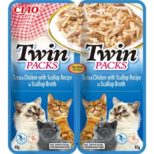 INABA Ciao Twin Packs, Тунец, Курица и Гребешки, пакетик влажного беззернового корма для кошек, (топпинг), 80 г