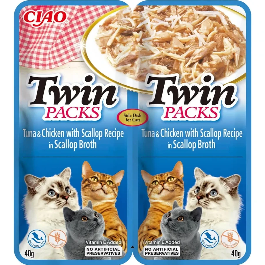 INABA Ciao Twin Packs, Тунец, Курица и Гребешки, пакетик влажного беззернового корма для кошек, (топпинг), 80 г: цены и характеристики