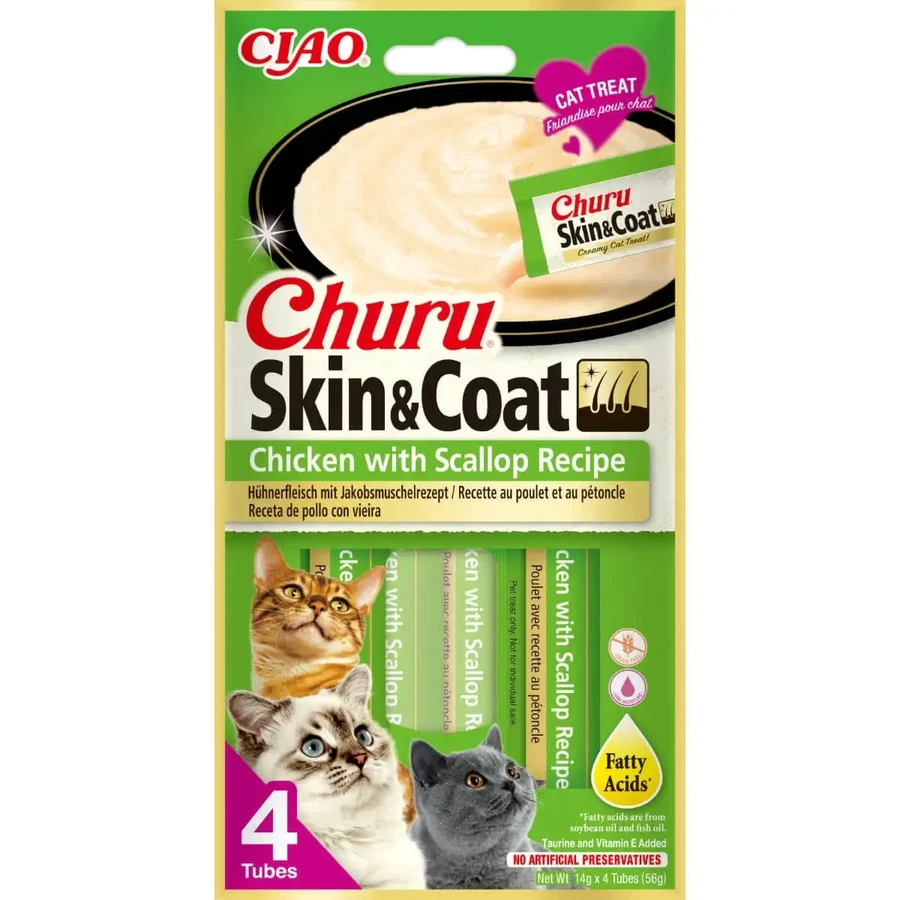 INABA Churu Churu Skin & Coat, Курка та гребінці, пакетик, тюбик, беззернові ласощі для котів, шкіра та шерсть, (пюре), 56г: ціни та характеристики