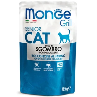 MONGE Grill Senior, Скумбрия, пакетик беззернового влажного корма для пожилых кошек, (в аспираторе), 85 г