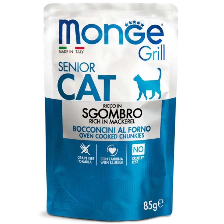 MONGE Grill Senior, Скумбрия, пакетик беззернового влажного корма для пожилых кошек, (в аспираторе), 85 г: цены и характеристики
