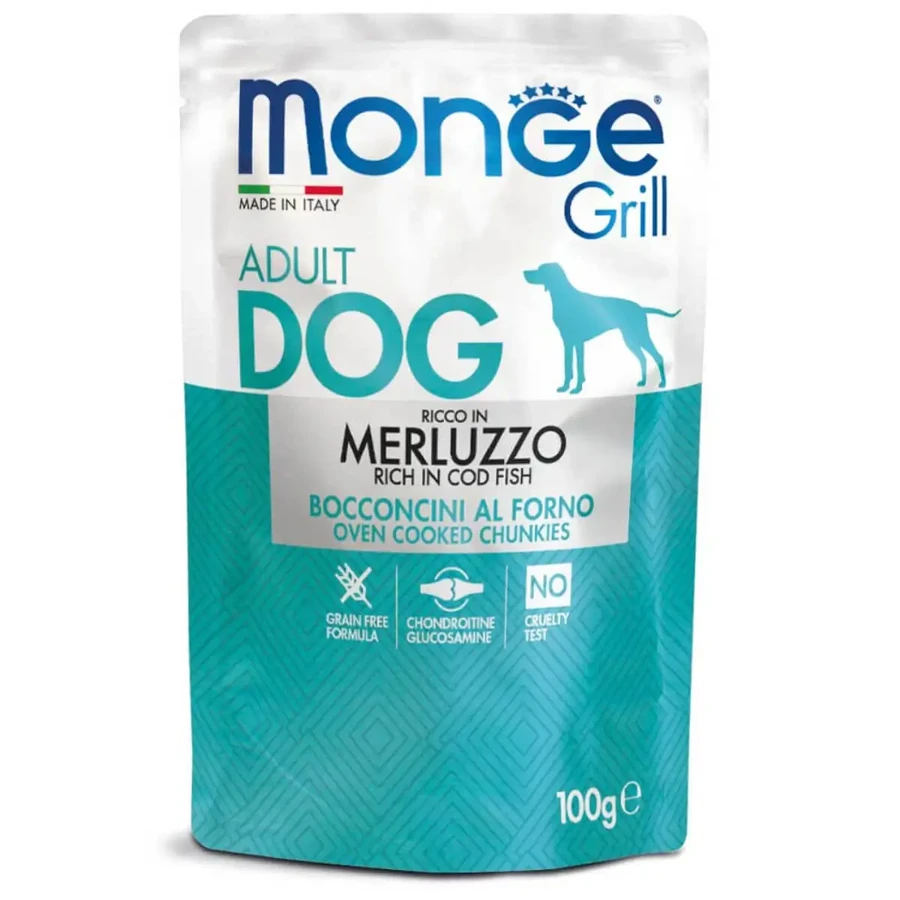 MONGE Grill, XS-XL, Треска, влажный корм для собак в пакетиках, (в собственном соку), 100 г: цены и характеристики