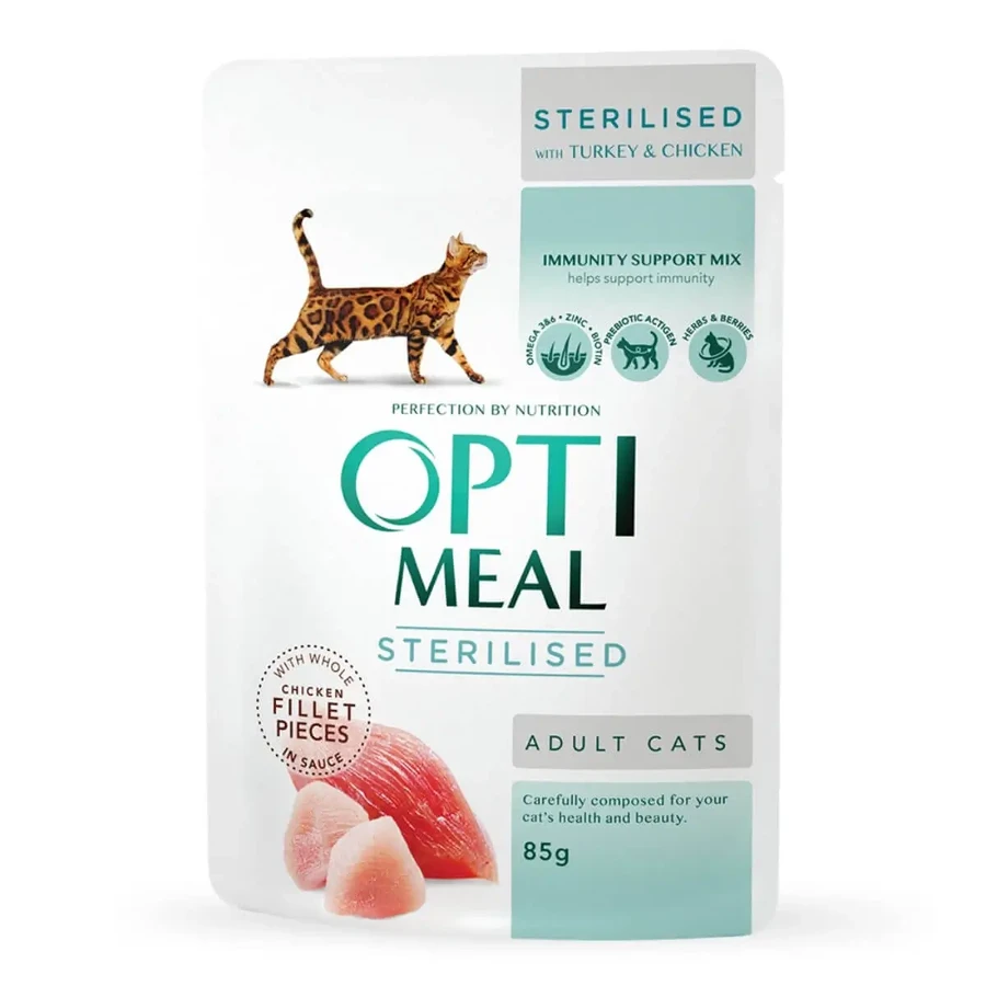 OPTIMEAL Sterilised, курица и индейка, саше влажный корм для стерилизованных кошек, (в соусе), 85 г: цены и характеристики