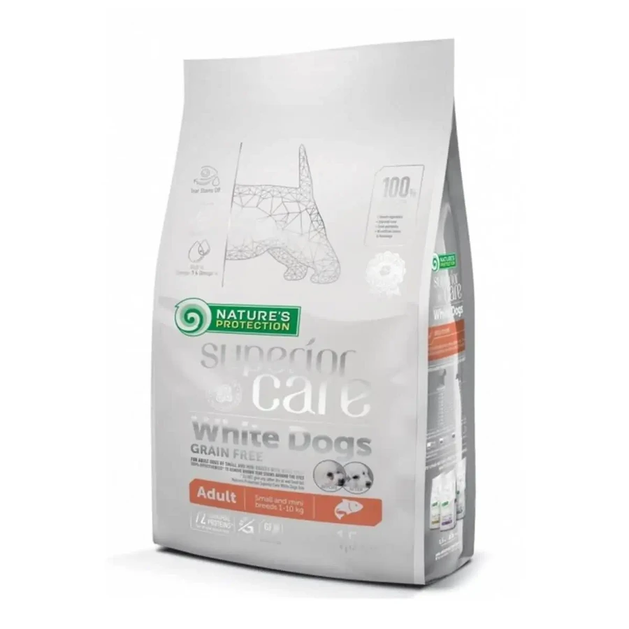 NATURES PROTECTION Superior Care Superior Care White Dogs Small&Mini, Лосось, беззерновой сухой корм для собак, уменьшает коричневые пятна у белых собак, 1,5 кг: цены и характеристики