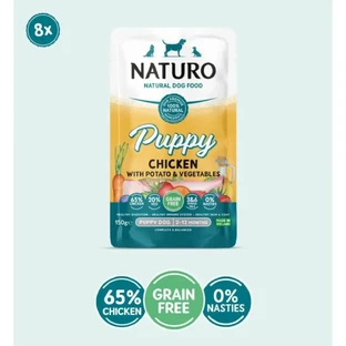 NATURO Puppy, XS-XL, Курка, вологий корм у пакетиках без зернових для собак молодшого віку (у власному соку), 150г