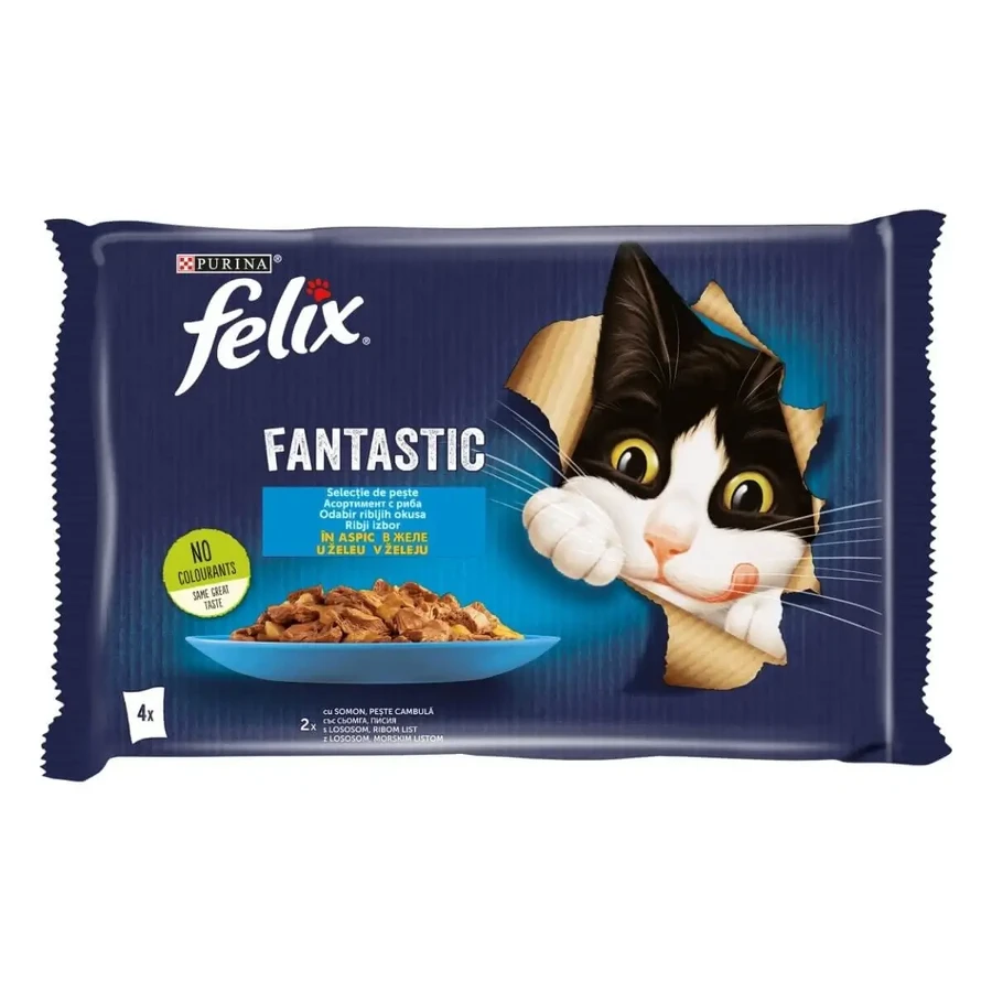 PURINA Felix Fantastic, 2 смаки (лосось та риба камбула), змішаний пакет, вологий корм для котів у пакетиках, (в аспіко), 85г х 4: ціни та характеристики
