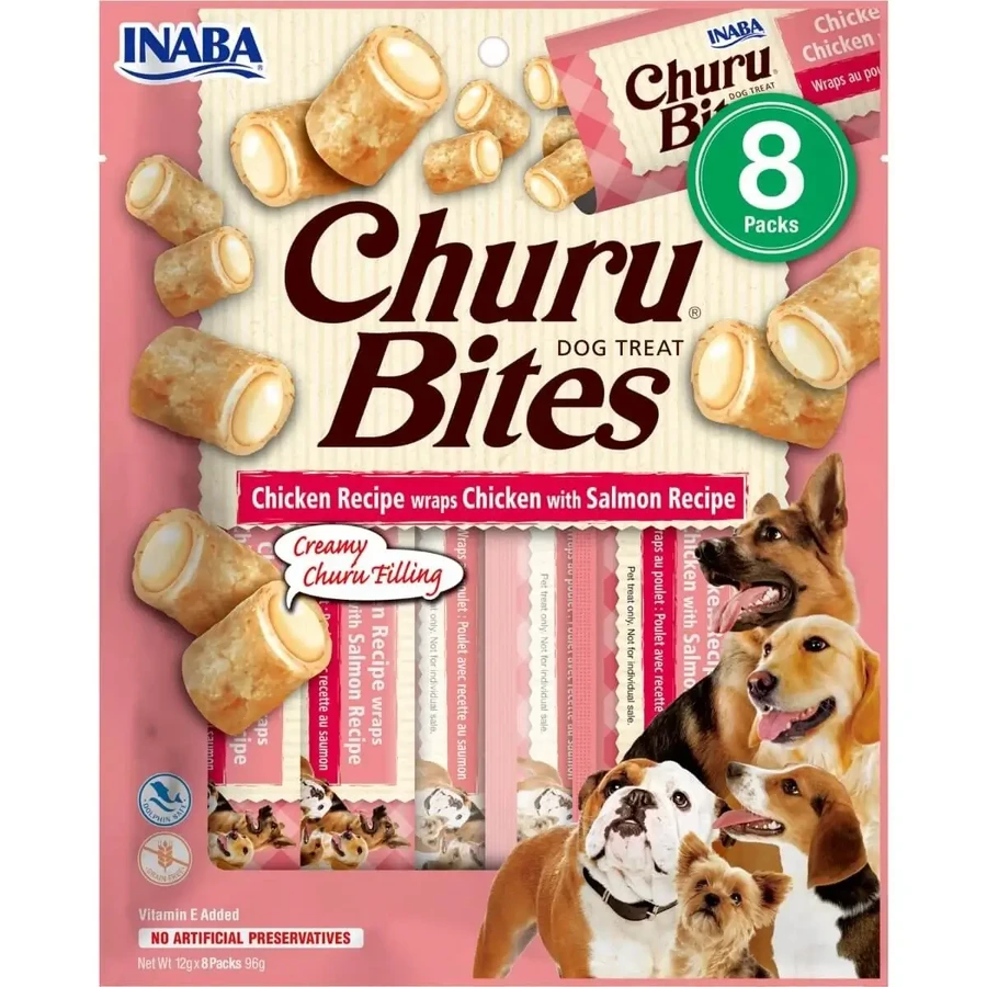 INABA Churu Bites, XS-XL, курка та лосось, беззернові ласощі для собак, напівдомашні, 92 г: ціни та характеристики