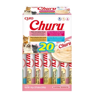 INABA Churu Churu Tuna & Seafood Varieties (Тунець і лосось|Креветки|Боби боніто|Морепродукти), банка, беззерновий тюбик для заохочення котів, (топпінг), 280г