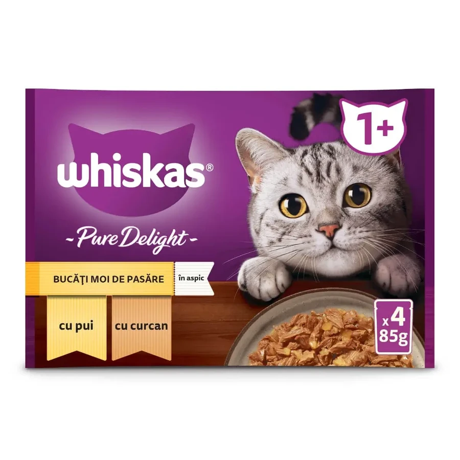 WHISKAS Pure Delight Selections Poultry, Chicken and Turkey, саше влажный корм для кошек, (в аспираторе), мультипак, 85г x 4: цены и характеристики