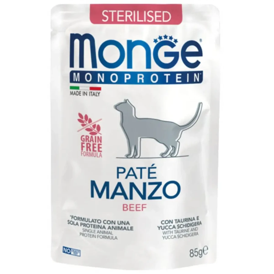 MONGE Monoprotein Sterilised, яловичина, пакетик з одним протеїном, беззерновий вологий корм для стерилізованих котів, (паштет), 85г: ціни та характеристики